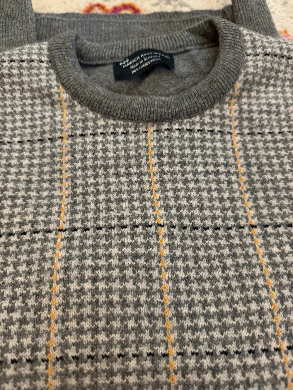 Men's Grey Houndstooth Crewneck Sweater with Elbow Patches